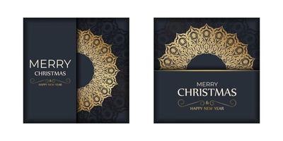 Happy New Year greeting card template in dark blue color with vintage gold pattern vector