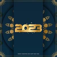 2023 Happy New Year greeting card. Blue and gold color. vector