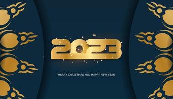 Afiche de saludo de feliz año nuevo 2023. color azul y dorado. vector