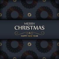 Happy New Year greeting card template in dark blue color with vintage pattern vector