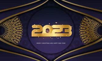feliz año nuevo 2023 fondo de saludo. patrón dorado en azul. vector