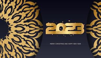 patrón dorado sobre negro. feliz cartel de saludo de año nuevo 2023. vector