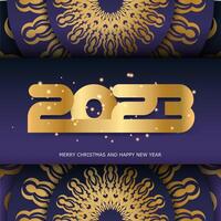 patrón dorado en azul. Banner de saludo de feliz año nuevo 2023. vector