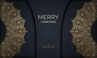 Merry Christmas and Happy New Year greeting brochure template in dark blue color with vintage gold pattern vector