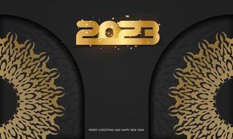 feliz año nuevo 2023 tarjeta de felicitación. patrón dorado sobre negro. vector