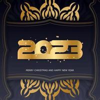patrón dorado sobre negro. feliz cartel de saludo de año nuevo 2023. vector
