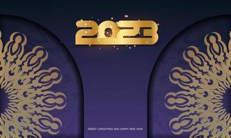 color azul y dorado. Afiche de saludo de feliz año nuevo 2023. vector