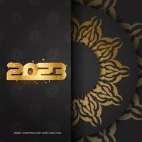 patrón dorado sobre negro. feliz año nuevo 2023 tarjeta de felicitación. vector