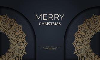 Merry Christmas and Happy New Year greeting brochure template in dark blue color with vintage gold pattern vector