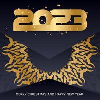 Afiche de saludo de feliz año nuevo 2023. patrón dorado sobre negro. vector