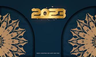 patrón dorado en azul. Fondo de saludo de feliz año nuevo 2023. vector