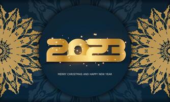 feliz año nuevo 2023 fondo festivo. patrón dorado en azul. vector