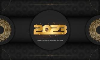 2023 Happy New Year greeting card. Black and gold color. vector