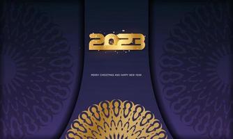 2023 Happy New Year festive postcard. Golden pattern on Blue. vector