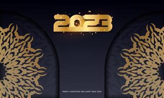 patrón dorado sobre negro. Fondo de saludo de feliz año nuevo 2023. vector