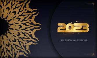 patrón dorado sobre negro. Afiche de saludo de feliz año nuevo 2023. vector