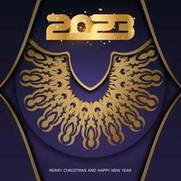 Golden pattern on Blue. 2023 Happy New Year festive postcard. vector