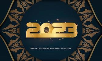 Happy New Year 2023 holiday banner. Blue and gold color. vector