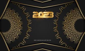 Happy New Year 2023 holiday poster. Golden pattern on black. vector