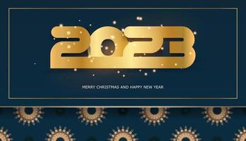 Afiche de saludo de feliz año nuevo 2023. color azul y dorado. vector