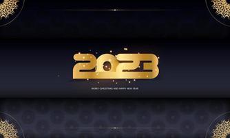 Happy New Year 2023 festive postcard. Black and gold color. vector