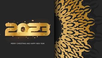 2023 happy new year holiday poster. Golden pattern on black. vector