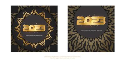 patrón dorado sobre negro. feliz año nuevo 2023 banner de vacaciones. vector
