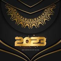 feliz año nuevo 2023 banner de vacaciones. patrón dorado sobre negro. vector