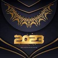 Black and gold color. 2023 Happy New Year greeting card. vector