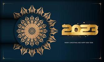 feliz cartel de saludo de año nuevo 2023. patrón dorado en azul. vector