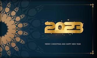 2023 happy new year greeting poster. Blue and gold color. vector