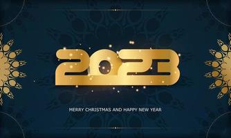 2023 happy new year greeting poster. Blue and gold color. vector