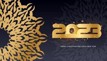 2023 Happy New Year greeting card. Golden pattern on black. vector