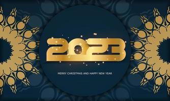 Afiche de saludo de feliz año nuevo 2023. color azul y dorado. vector