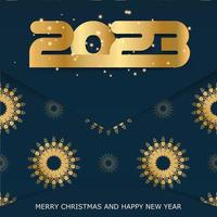 2023 happy new year greeting poster. Blue and gold color. vector