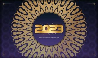 cartel de saludo de feliz año nuevo 2023. patrón dorado en azul. vector
