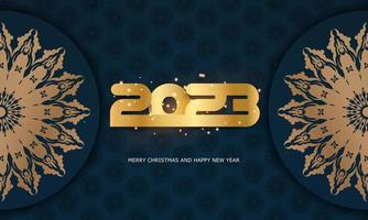 Happy New Year 2023 holiday poster. Blue and gold color. vector