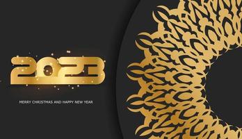 2023 Happy New Year festive postcard. Black and gold color. vector