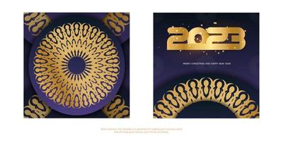 Tarjeta de felicitación de feliz año nuevo 2023. color azul y dorado. vector