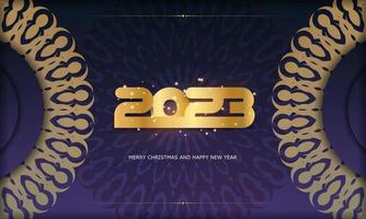 2023 happy new year holiday poster. Golden pattern on Blue. vector