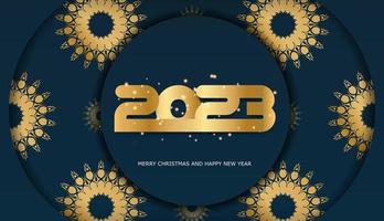 Afiche de saludo de feliz año nuevo 2023. color azul y dorado. vector