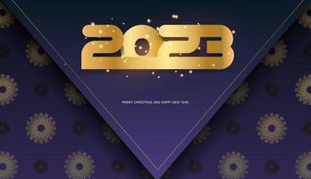 patrón dorado en azul. Banner de saludo de feliz año nuevo 2023. vector