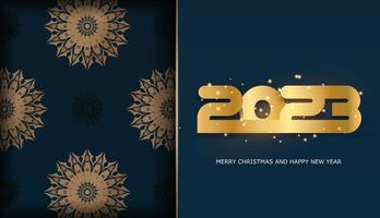 2023 Happy New Year festive greeting card. Golden pattern on Blue. vector