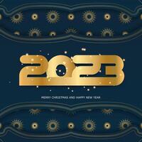 Banner de saludo de feliz año nuevo 2023. patrón dorado en azul. vector