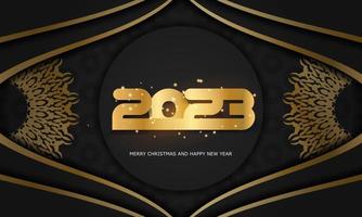 2023 happy new year greeting banner. Golden pattern on black.