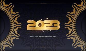 patrón dorado sobre negro. Fondo festivo de feliz año nuevo 2023. vector