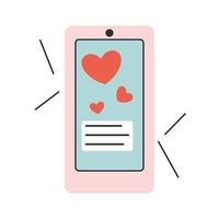 Smart phone with message bubble and hearts. vector