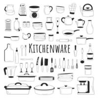 Kitchenware set. Doodle cooking icons. Cookware elements. Template, banner for design, menu, restaurant, cafe, bakery, wallpaper, recipe card, cookbook. Vector. vector