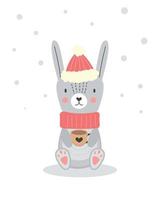 Cute rabbit character with coffee cup. Christmas ilustration for nursery wall art in scandinavian style. vector