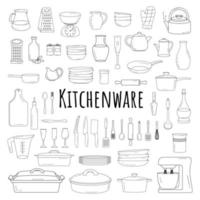 Kitchenware set. Doodle cooking icons. Cookware elements. Template, banner for design, menu, restaurant, cafe, bakery, wallpaper, recipe card, cookbook. Vector. vector